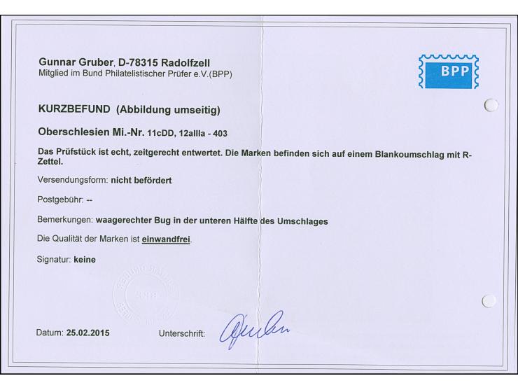 1920, 10 Pfennig auf 20 Pfennig preußischblau mit Doppelaufdruck, zusammen mit 50 Pfennig auf 5 Mark orange, Aufdrucktype III