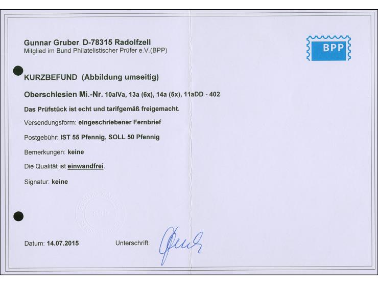 1920, 10 Pfennig auf 20 Pfennig dunkelgraublau, waagerechtes Unterrandpaar mit mit Doppelaufdruck, mit Zufrankatur mit Stempe