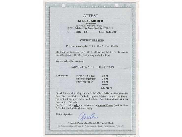 1920, 50 Pfennig auf 5 Mark orange, Aufdrucktype IIa, waagerechtes Paar, sauber mit Stempel “TARNOWITZ 15.3.20” auf portogere