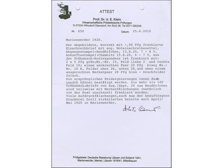 1920, Aufdruckausgabe Germania 20 Pfennig mit kopfstehendem Aufdruck von den Feldern 36 bzw. 26, zusammen mit zwei Einzelwert