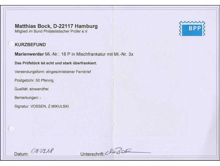 1920, Aufdruckausgabe Germania 75 Pfennig mit rotem Probeaufdruck, zusammen mit 1. Mailänder Ausgabe 15 Pfennig mit Stempel “