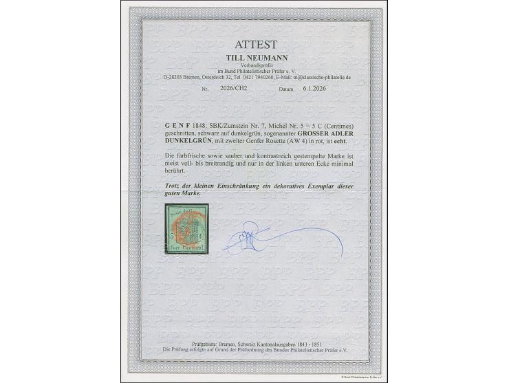 1848, 5 C. auf dunkelgrün, schöne tiefe Farbe, links unten in der Ecke minimalst tangiert, sonst allseits breitrandig, sauber