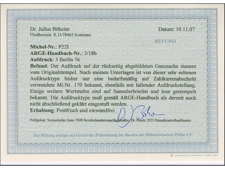 1948, “3/Berlin 76” (Arge 3/18b) auf Karte Arbeiter 10 Pfg., ungebraucht, tadellos; laut Handbuch vermutlich Probeaufdruck, P