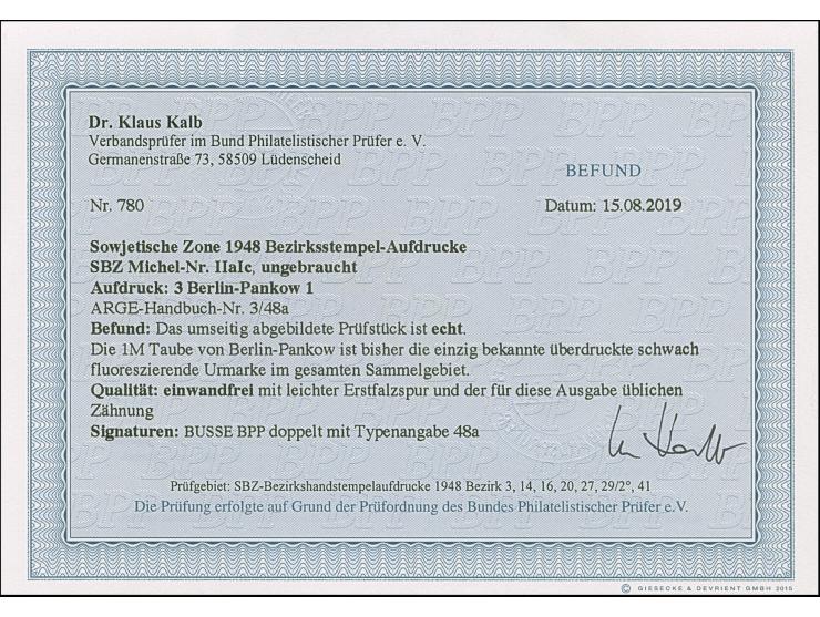 "3/Berlin-Pankow 1” auf Taube 1 M. schwach fluoreszierend, sauber ungebraucht, tadellos, sign. Busse BPP sowie Fotobefund Dr.