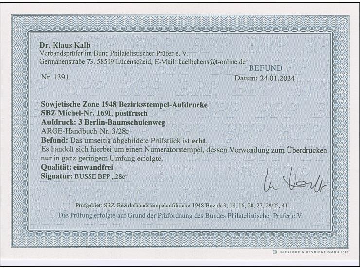 “3/Berlin-Baumschulenweg” (Arge 3/28c) auf Arbeiter 10 Pfg., postfrisch, tadellos; der Aufdruck des Numeratorstempels ist seh