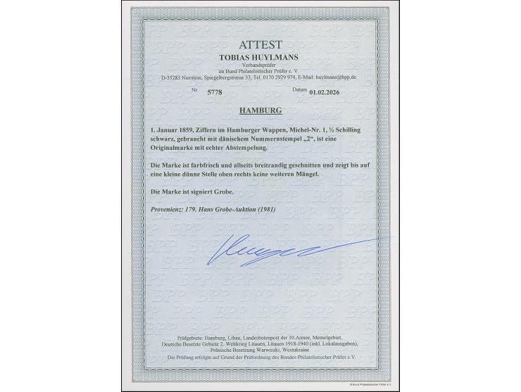 ½ Sch. schwarz, farbfrisch und allseits breitrandig geschnitten, sauber entwertet durch dänischen Ringstempel "2". Winzig hel