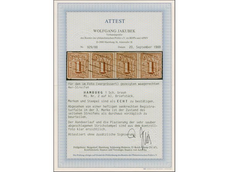 1 Sch. braun im waagerechten 4er-Streifen, Die beiden rechten Werte unten leicht berührt, sonst voll-bis breitrandig, mit jew