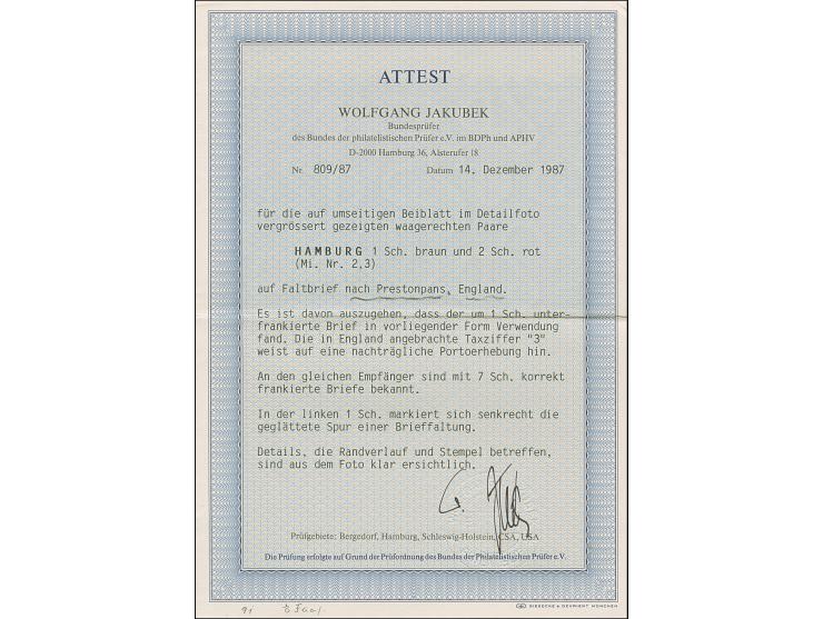 1 Sch. braun und 2 Sch. rot, je im waagerechten Paar, die rechte 1 Sch. rechts ergänzt, sonst alle voll- bis meist breitrandi