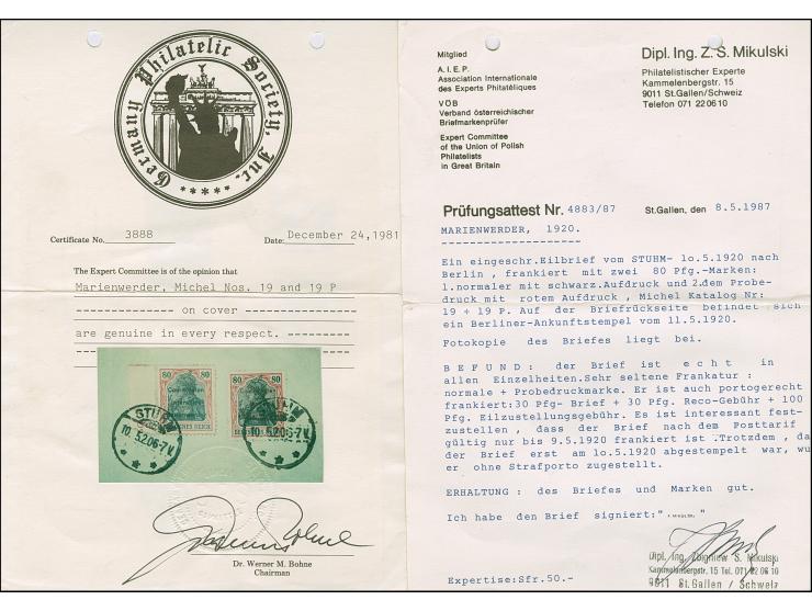 1920, Germania 80 Pfennig mit rotem Probeaufdruck, zusammen mit 80 Pfennig mit Normalaufdruck, sauber mit Stempel “STURM 10.5