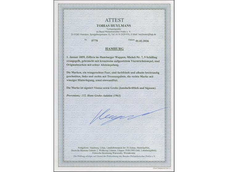 9 Sch. orangegelb im waagerechten Paar, farbfrisch und allseits breitrandig geschnitten, links und rechts mit voller Trennung