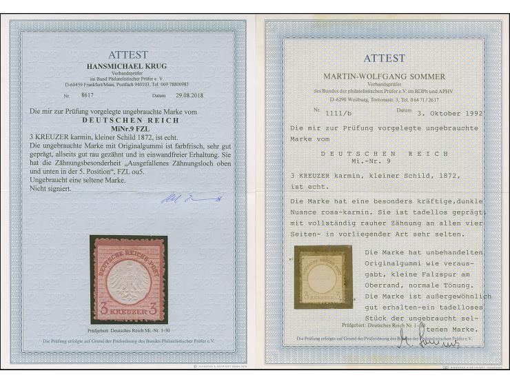 3 Kr. karmin mit ausgefallenem Zähnungsloch oben &nbsp;und unten in der 5. Position (FZL ou5), farbfrisch, sehr gut geprägt u