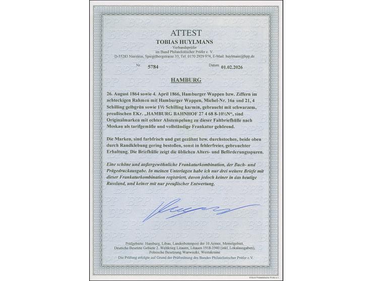 4 Sch. grün in Mischfrankatur mit Prägedruckausgabe 1½ Sch. karmin, je farbfrisch und gut gezähnt bzw. durchstochen, mit jewe