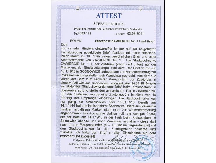 1916, Ansichten 10 Pfennig, Kontrolleindruck in dunkelrotlila, als Zustellgebühr, sauber mit Stadtpoststempel “ZAWIERCE 14.1.