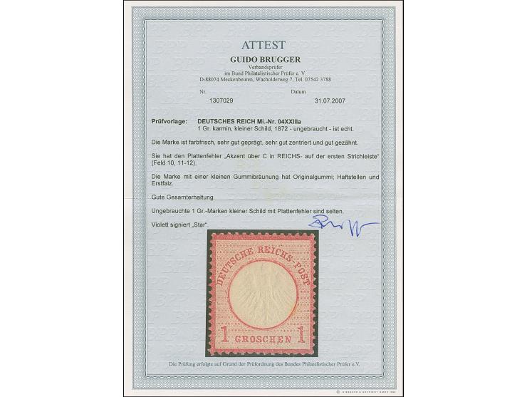 1 Gr. karmin mit Plattenfehler “Akzent über C in REICHS- auf der ersten Strichleiste”, farbfrisch, sehr gut geprägt und gut g