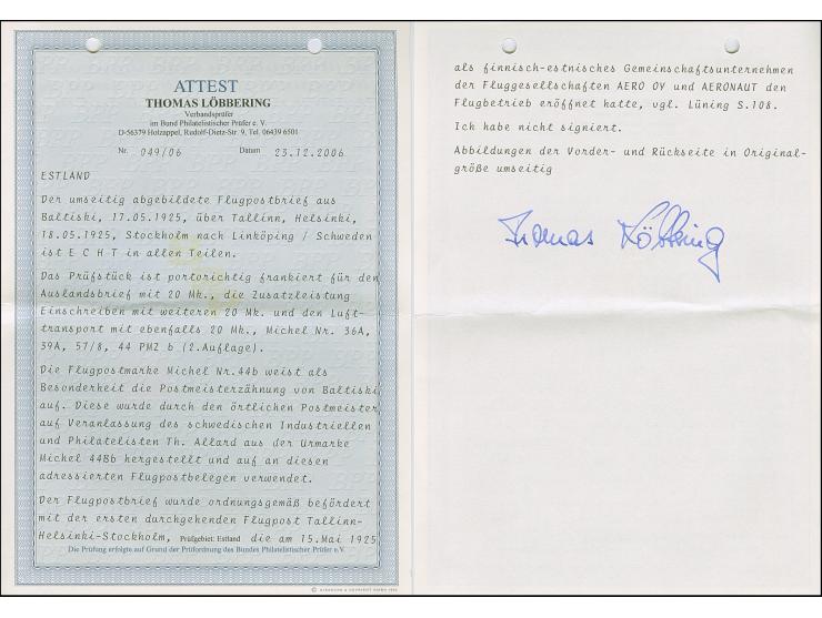 1923, Airmail 20 marka, with postmaster perforation, with additional franking, tied by cds. “BALTISKI 17 V 25” to registered 