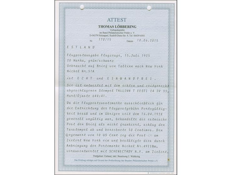 1924, Airmail 20 marka, tied by cds. "TALLINN 24 IV 33" to cover to New York, as airmail stamps were only valid for airmail f