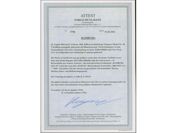 9 Sch. orangegelb, farbfrisch und gut gezähnt, mit blauem Strichstempel und nebengesetztem Ovalstempel “HAMBURG 10/3.65” auf 