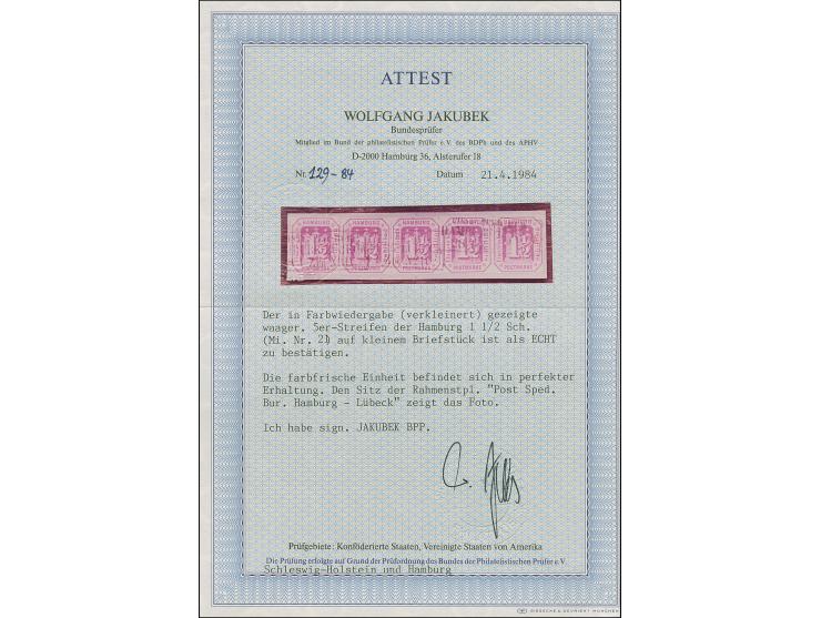 1½ Sch. rosakarmin im waagerechten 5er-Streifen, farbfrisch und einwandfrei durchstochen, mit äußerst seltener Entwertung dur