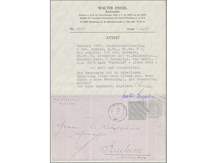 Umschlag 2 Sch. mit Zufrankatur ½ Sch., mit blauem Strichstempel und nebengesetztem Mecklenburger DKr. "HAMBURG 29/9" nach Pa