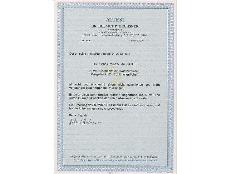 1915, Kriegsdruck 1 M. mit 25:17 Zähnungslöchern im kpl. Bogen mit ca. 6 breitem rechten Rand. Der Bogen ist ohne Gummierung 