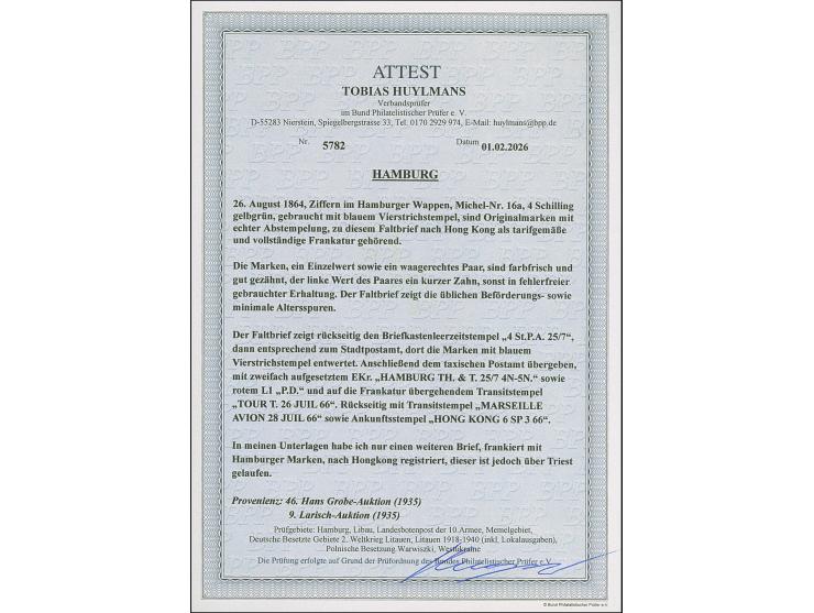 4 Sch. gelbgrün, ein Einzelwert sowie ein waagerechtes Paar, als Streifen geklebt, farbfrisch und gut gezähnt, mit sauber auf