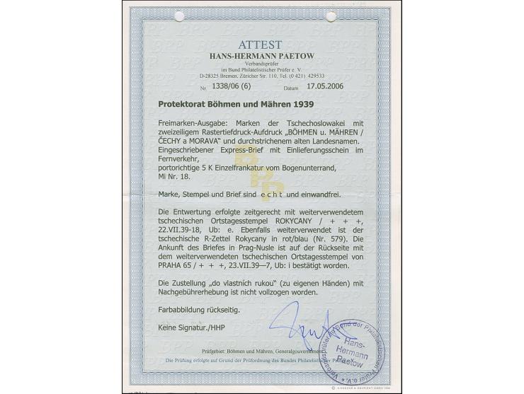 1939, Landschaften 5 Kronen, Unterrandstück, sauber mit Stempel “ROKYCANY 22.VII.39" als portogerechte Einzelfrankatur auf Ei