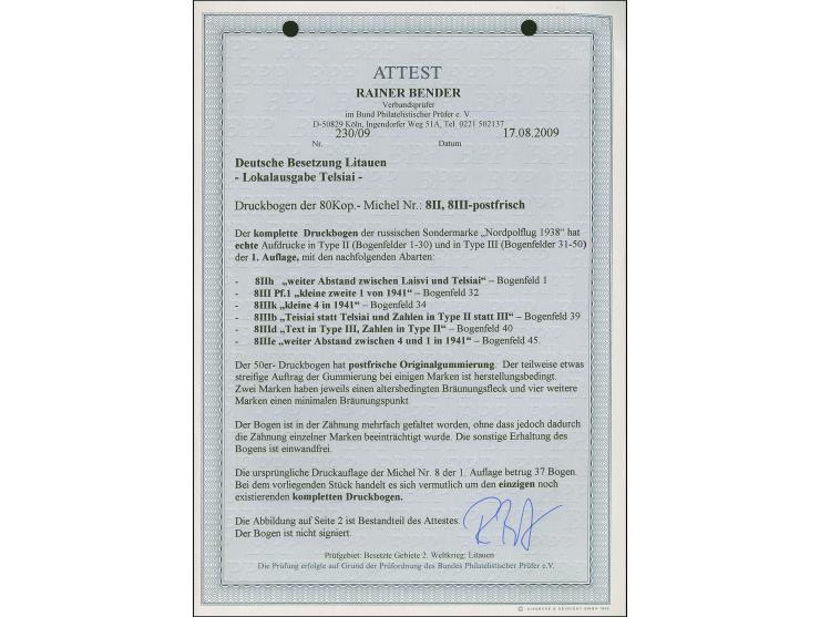 Nordpolflug, 80 Kopken karmin, kompletter Druckbogen der 1. Auflage, Felder 1-30 mit Aufdruck in Type II, Felder 31-50 in Typ