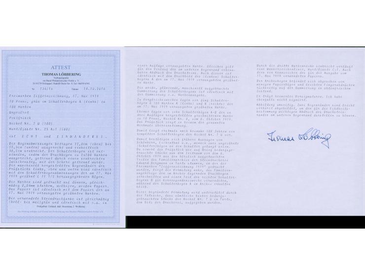 1919, Numerals 10 penni green, imperforated, complete printing sheet of 100 (Counter Sheet A, left side), third vertical row 