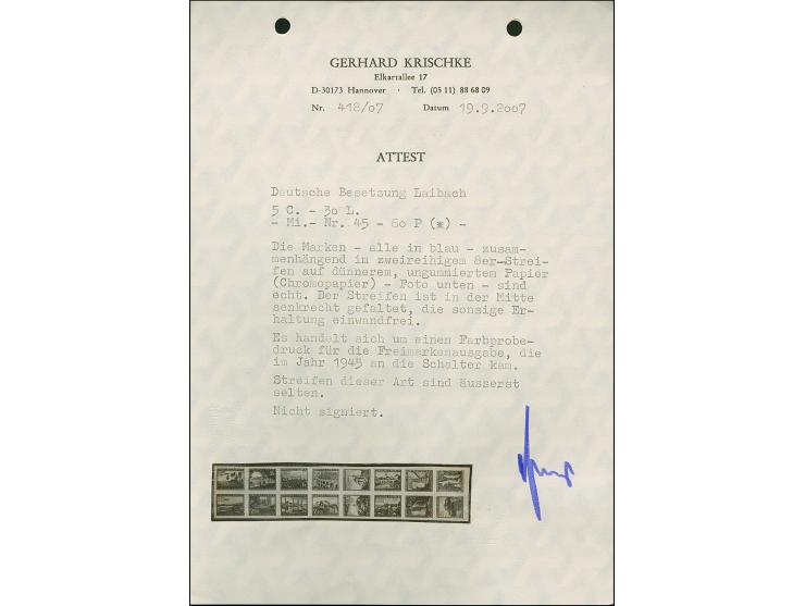 1945, Ansichten aus Slowenien 5 Cent - 30 Lire, Probedruck in blau, alle Wertstufen im 16er-Block als Zusammendruck auf dünne