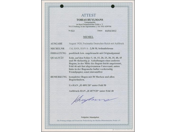 1920, Germania 2,50M. bräunlichlila im kompletten Bogen zu 50 Werten, mit Ur-HAN “H 4891.20” und Aufdruck-HAN “H 4079.20”, po