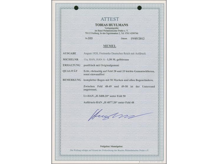 1920, Germania 1,50M. gelbbraun, kompletter Bogen zu 50 Werten, mit Ur-HAN “H 3408.20” und Aufdruck-HAN “H 4077.20”, postfris