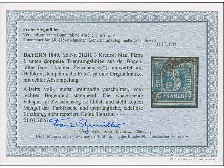 3 Kreuzer blau, farbfrisch und voll- bis meist breitrandig, unten mit doppelter Trennungslinie, leicht entwertet durch Halbkr