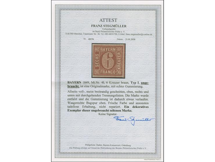 6 Kreuzer dunkelbraunorange, farbfrisch und allseits gleichmäßig breitrandig, , zweiseitig mit durchgehenden Trennungslinien,