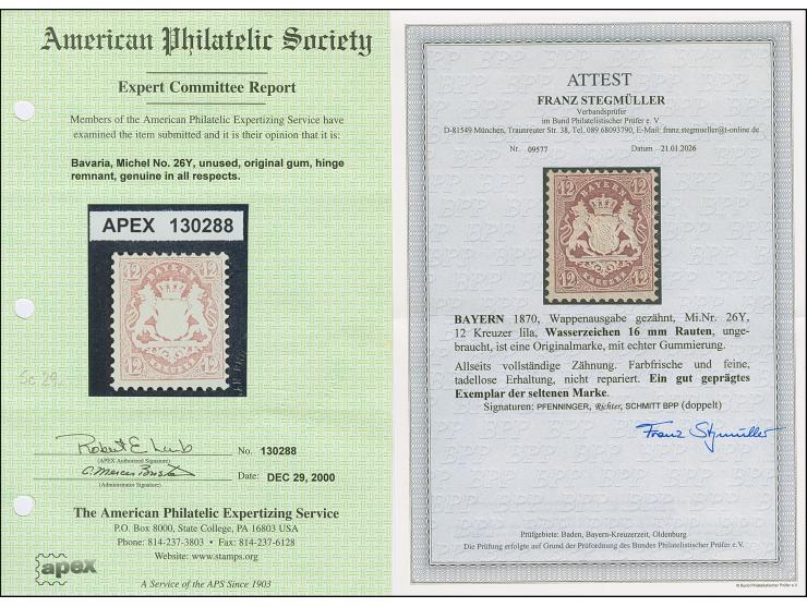 12 Kreuzer dunkelbraunpurpur mit Wasserzeichen 'weitere Rauten', farbfrisch und gut gezähnt, ungebraucht mit Originalgummi. E