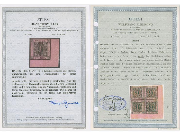 9 Kreuzer auf lilarosa, farbfrisch und allseits voll- bis breitrandige rechte untere Bogenecke, mit 8/9 mm breiten Bogenrände