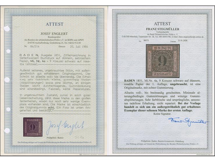 1851, 1. Auflage, 9 Kreuzer auf altrosa, sehr schön farbfrisch und allseits voll-bis breitrandig, ungebraucht mit Originalgum