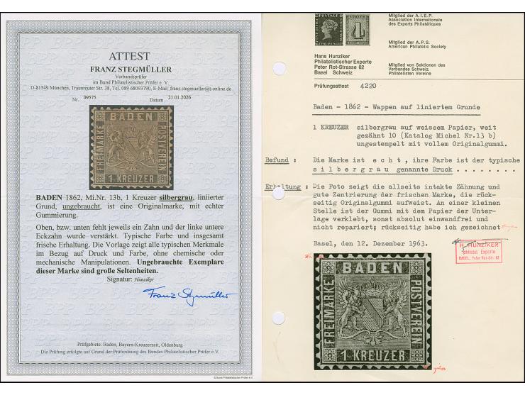 1862, Wappen auf liniertem Grund, weit gezähnt,1 Kreuzer silbergrau, typische frische Farbe, ungebraucht mit originalem Gummi