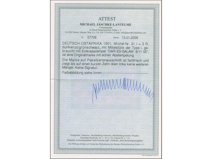 3 R., Mittelstück in Type I, farbfrisch und bis auf einen kurzen Zahn einwandfrei, mit nur einem Stempel "DAR-ES-SALAM 8/11 0