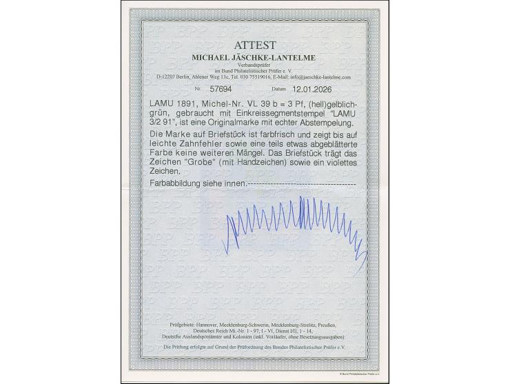 3 Pfg. gelblichgrün, farbfrisch mit klarem Stempel “LAMU OSTAFRIKA 3/2 91” auf kleinem Briefstück, durch Randklebung leichte 