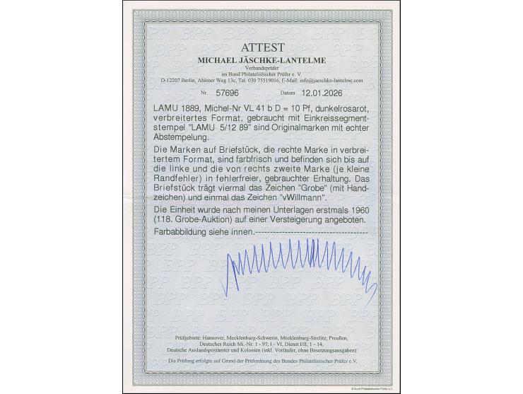 10 Pfg. dunkelrosarot, 4 Einzelwerte, davon einer in verbreitetem Format, mit jeweils klar aufgesetztem "LAMU 5/12 89" auf Le