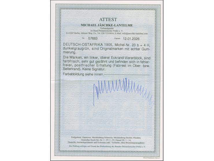 4 H. dunkelgraugrün, Viererblock aus der linken oberen Bogenecke, Faltspur im Rand, Marken postfrisch und unsigniert. Einwand