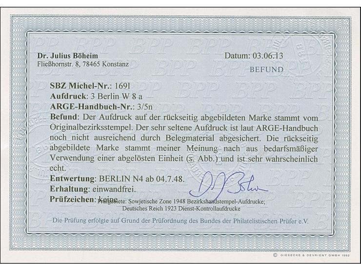 1948, “3/Berlin W 8 a” (Arge 3/5n) auf Arbeiter 10 Pfg., gestempelt mit Fragment eines nicht weiter bestimmbaren Rollstempels