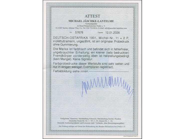 2 P., ungezähnter Probedruck in blau, breitrandig ungezähnt, ungummiert. Vorderseitig teils bedruckter Fremdkörpereinschluss 