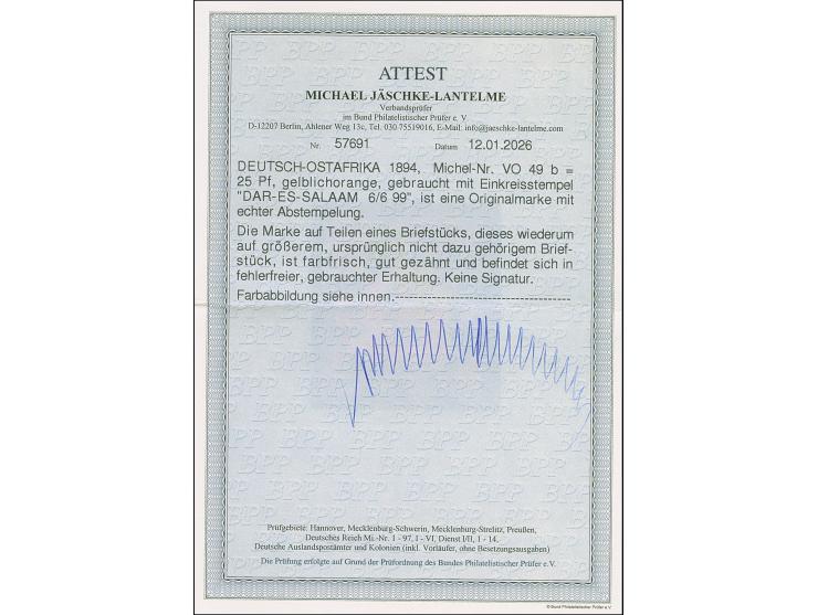 25 Pfg. gelblichorange, farbfrisch und gut gezähnt, mit zentrisch und klar aufgesetztem "DAR-ES-SALAM 6/6 99" auf kleinem Bri