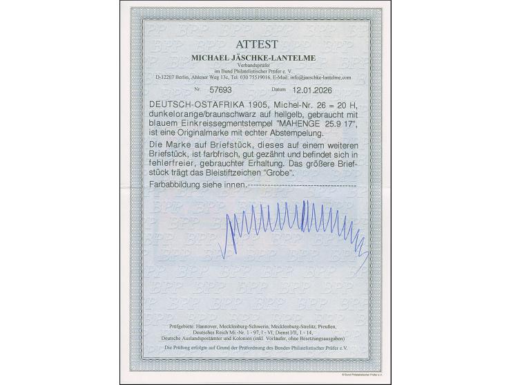 "MAHENGE 25.9.17" in blau, sauber abgeschlagen auf 25 Pfg. auf Briefstück. Einwandfrei. Auf Marken selten. Signiert Grobe und