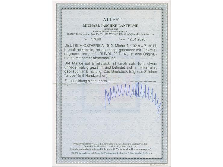 "URUNDI 20.7 14" sauber und voll auf 7½ H. mit Wz. auf Briefstück. Bis auf etwas unregelmäßige Zähnung tadellos. Signiert Gro
