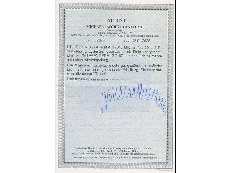 "NGERENGERE 12.7.10" glasklar und voll auf 2 R. Einwandfrei. Signiert Grobe und Fotoattest Jäschke-L. BPP (2026)