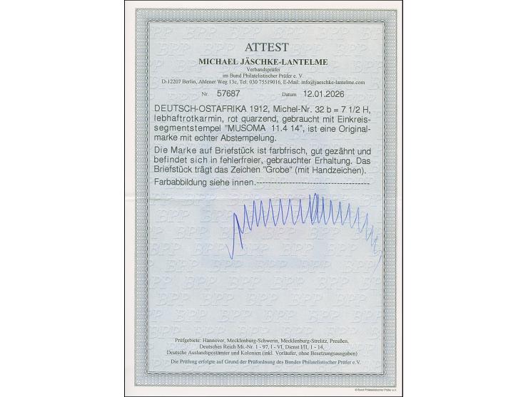 "MUSOMA 11.4 14" voll und sauber auf 7½ H. mit Wz. Einwandfrei. Signiert Grobe und Fotoattest Jäschke-L. BPP (2026)