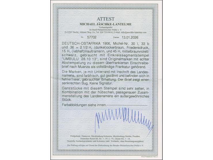 "UMBULU 28.10.13", 3 saubere Abschläge, je auf Unterrandstück 1905/20, 2½ H., 15 H. und 45 H. mit zusammen ergebender Randins