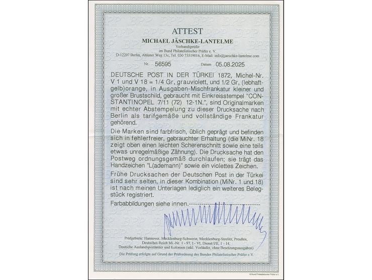 1872, kleiner Schild ¼ Gr. grauviolett in Mischfrankatur mit großer Schild ½ Gr. orange mit Stempel “KAISERL.DEUTSCH. P.A. CO